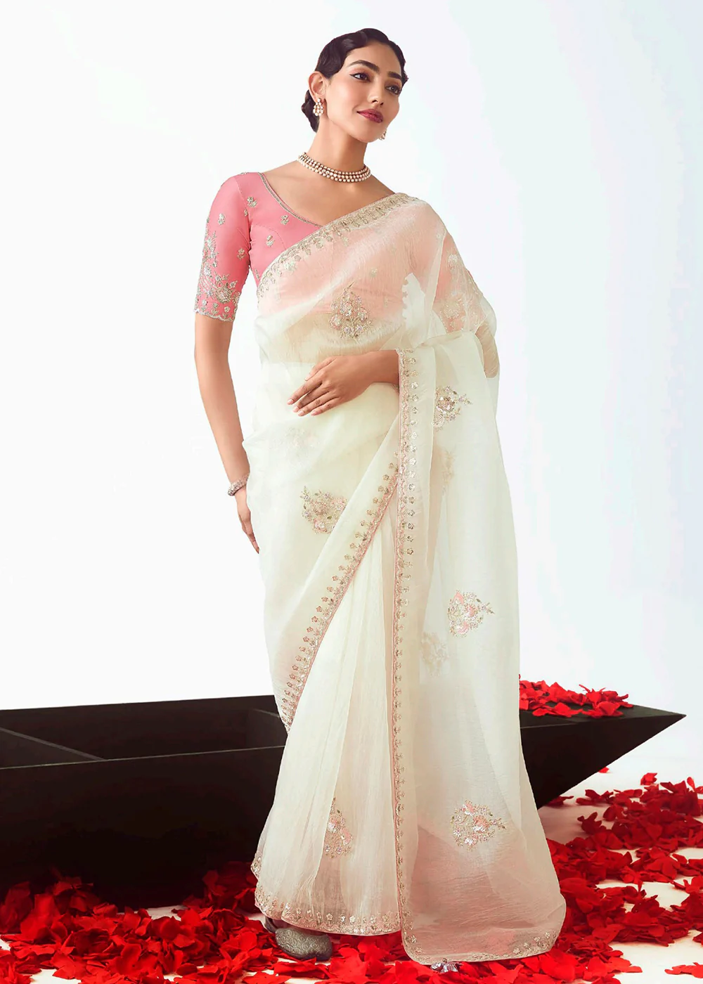 Off White & Pink Fancy Fabric Embroidered Designer Saree