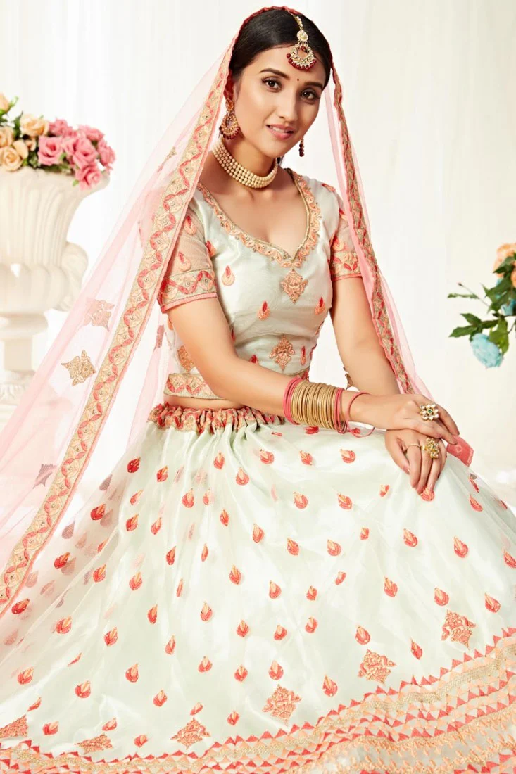 Off White & Pink Thread Embroidered A-Line Lehenga Choli - Image 2