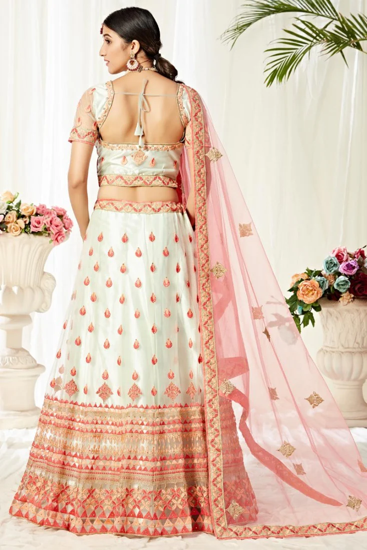 Off White & Pink Thread Embroidered A-Line Lehenga Choli - Image 3
