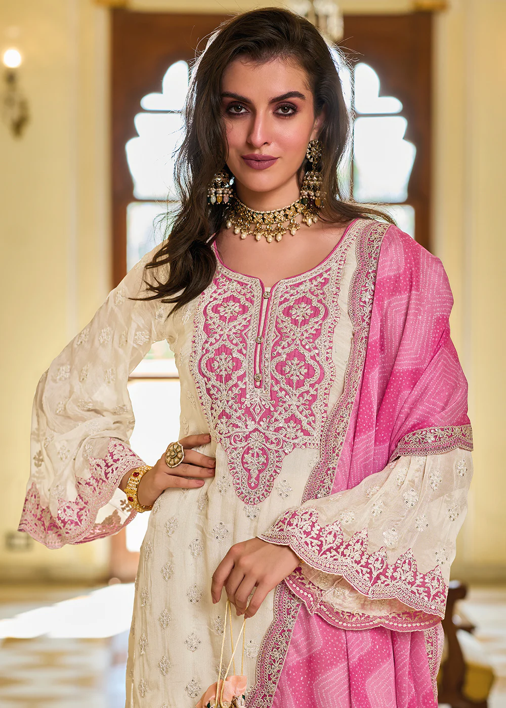 Off White & Pink Palazzo Style Chinnon Salwar Suit - Image 2