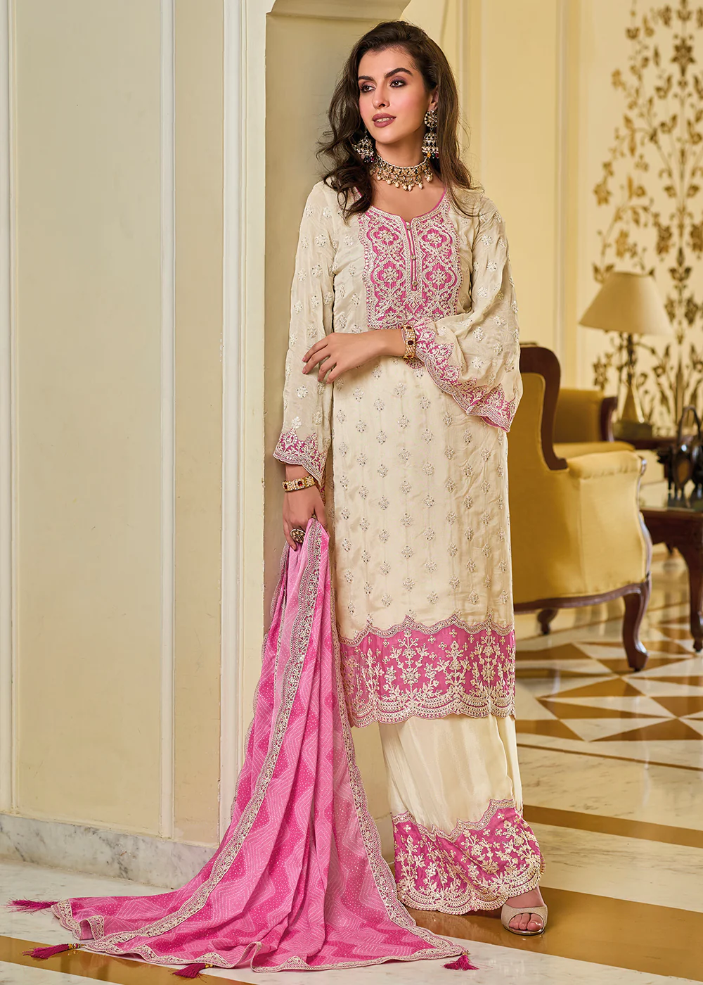 Off White & Pink Palazzo Style Chinnon Salwar Suit - Image 3