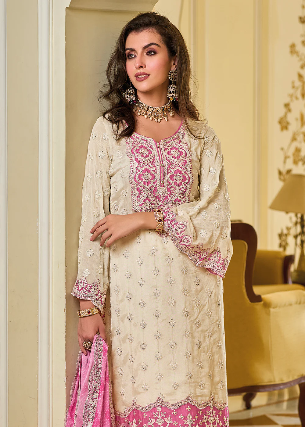 Off White & Pink Palazzo Style Chinnon Salwar Suit - Image 4