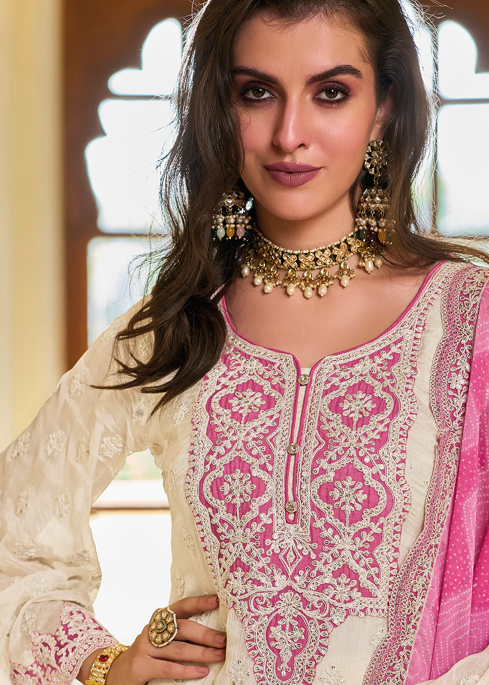 Off White & Pink Palazzo Style Chinnon Salwar Suit - Image 5