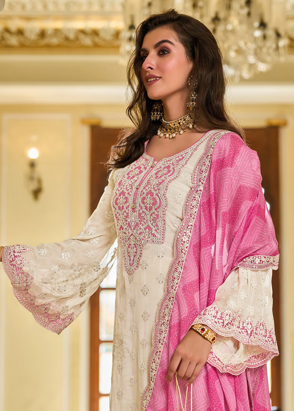 Off White & Pink Palazzo Style Chinnon Salwar Suit - Image 6
