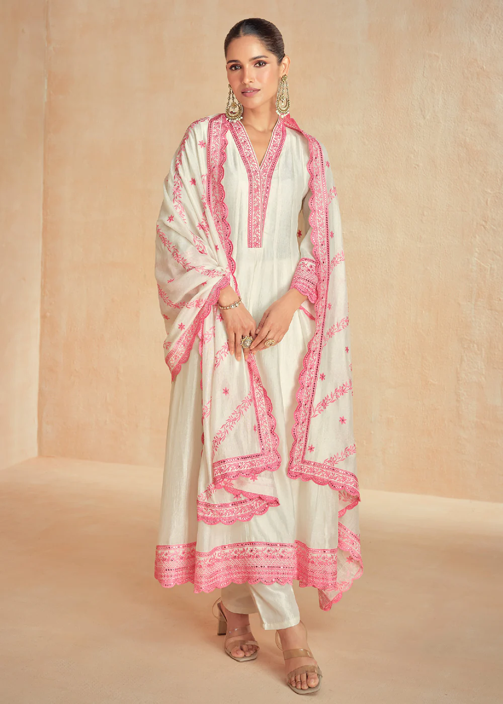 Off White & Pink Slit Style Pant Style Salwar Suit
