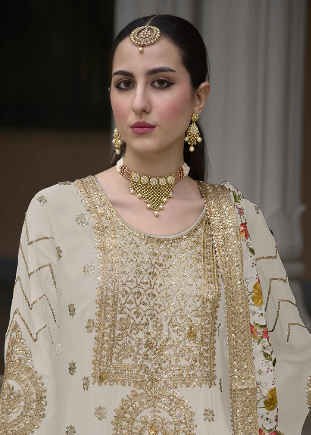 Off White Pure Chinnon Pakistani Style Palazzo Suit - Image 2