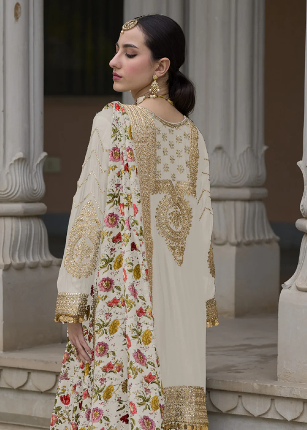 Off White Pure Chinnon Pakistani Style Palazzo Suit - Image 3