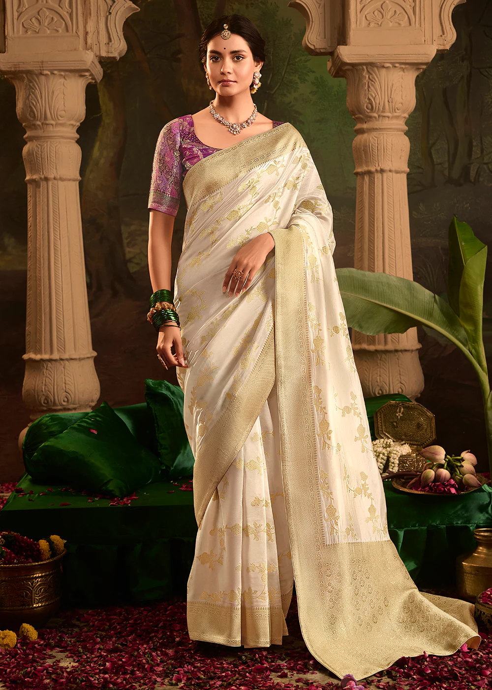 Off White Pure Crepe Dola Silk Wedding Festive Saree