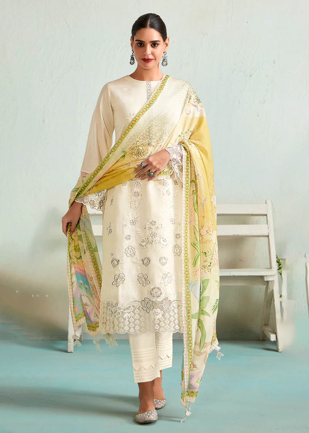 Off White Pure Muslin Resham Embroidered Salwar Suit - Image 3