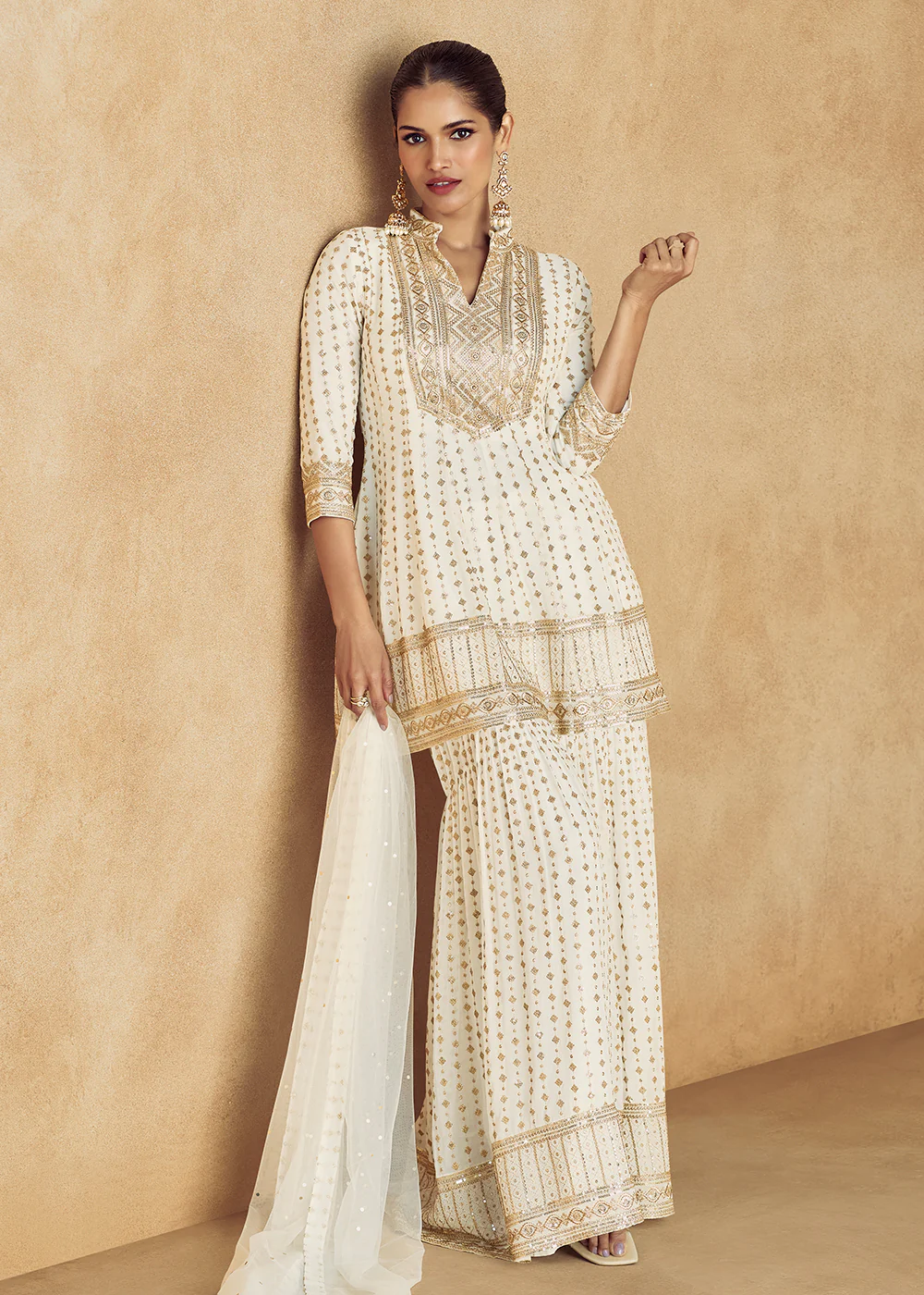 Off White Real Georgette Embroidered Wedding Gharara Suit
