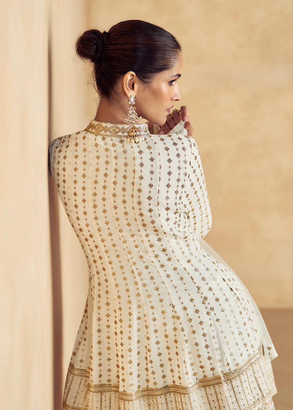 Off White Real Georgette Embroidered Wedding Gharara Suit - Image 3