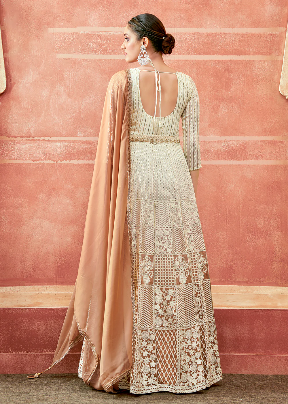 Off White & Rust Georgette Embroidered Festive Anarkali Suit - Image 2
