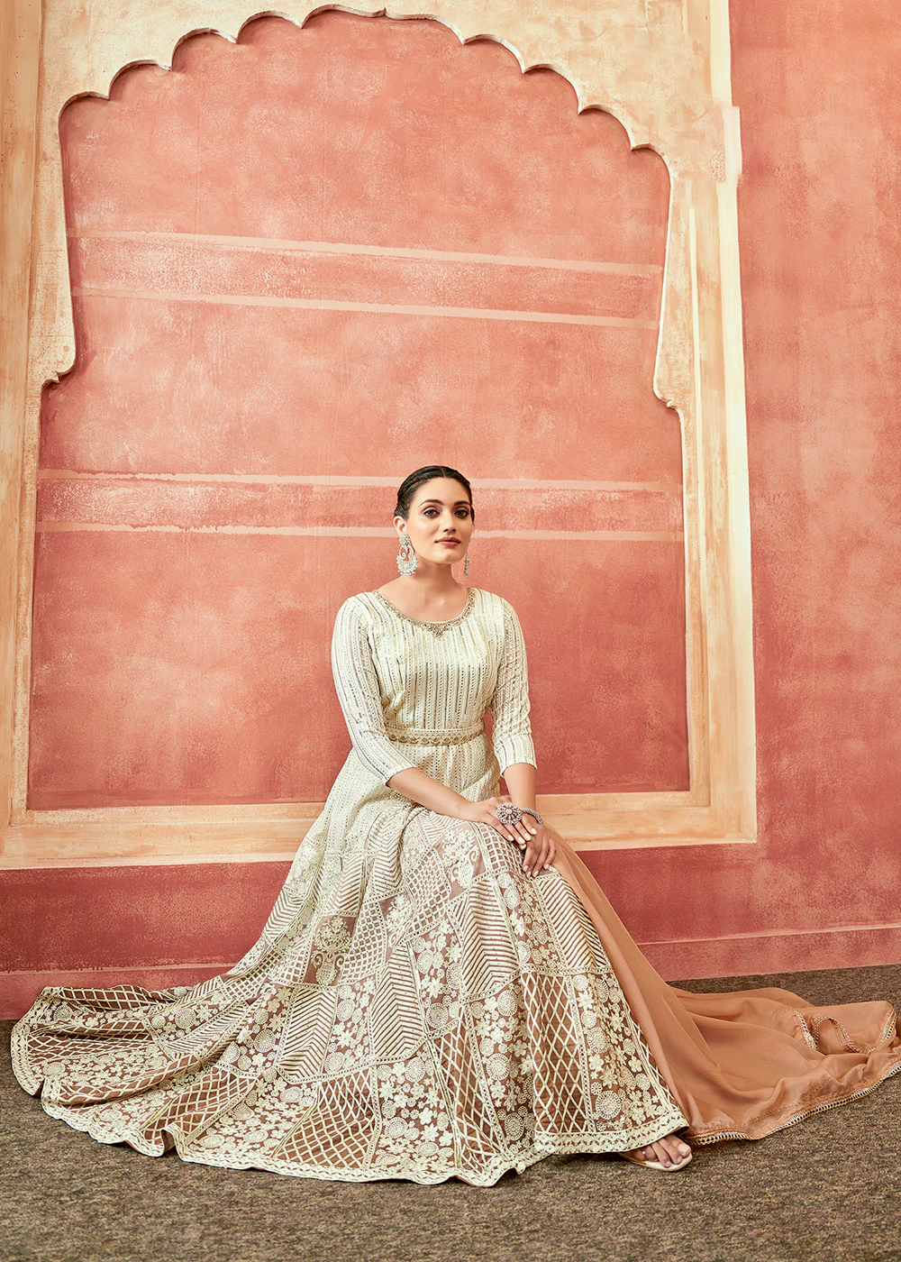 Off White & Rust Georgette Embroidered Festive Anarkali Suit - Image 3