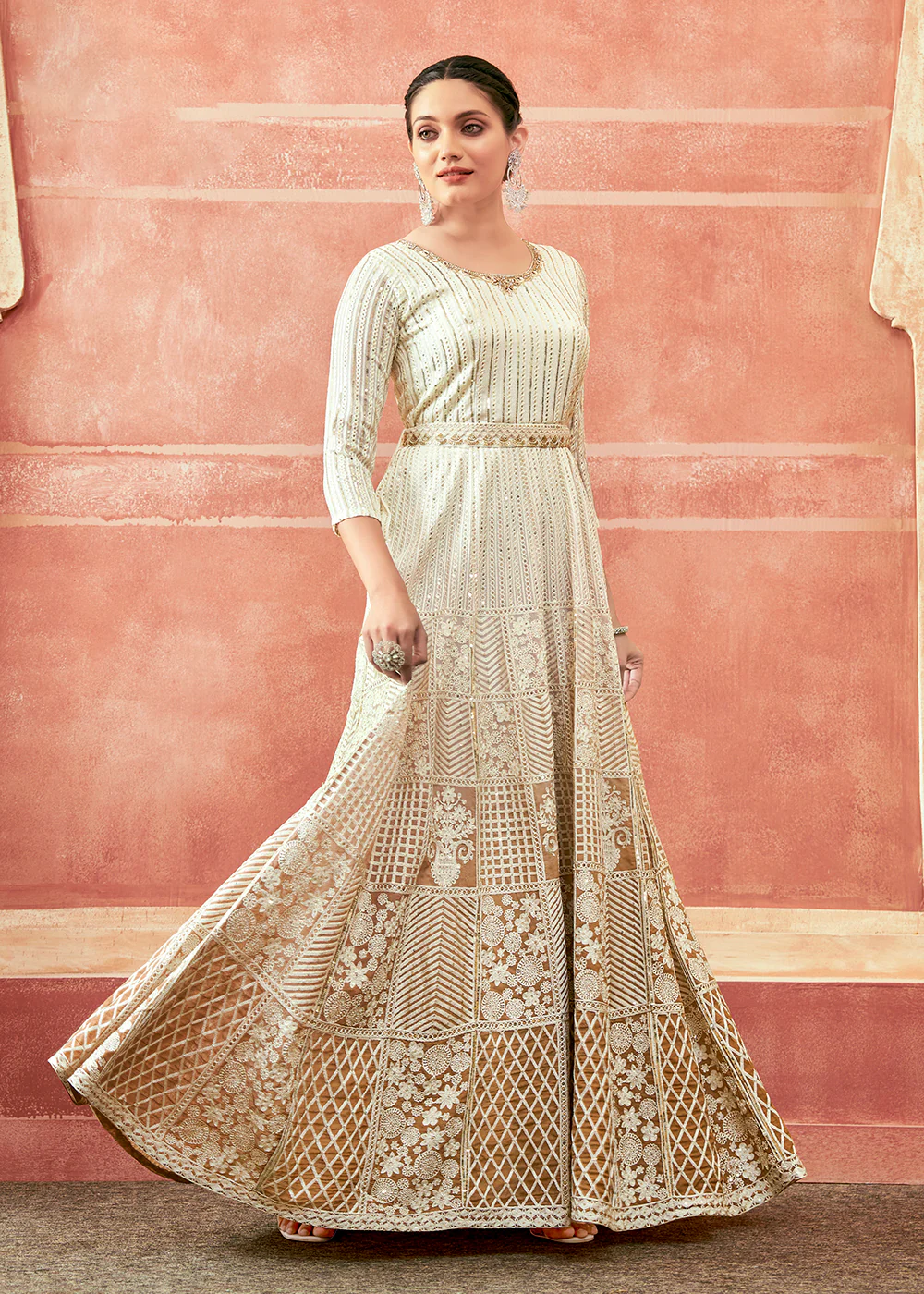 Off White & Rust Georgette Embroidered Festive Anarkali Suit - Image 4