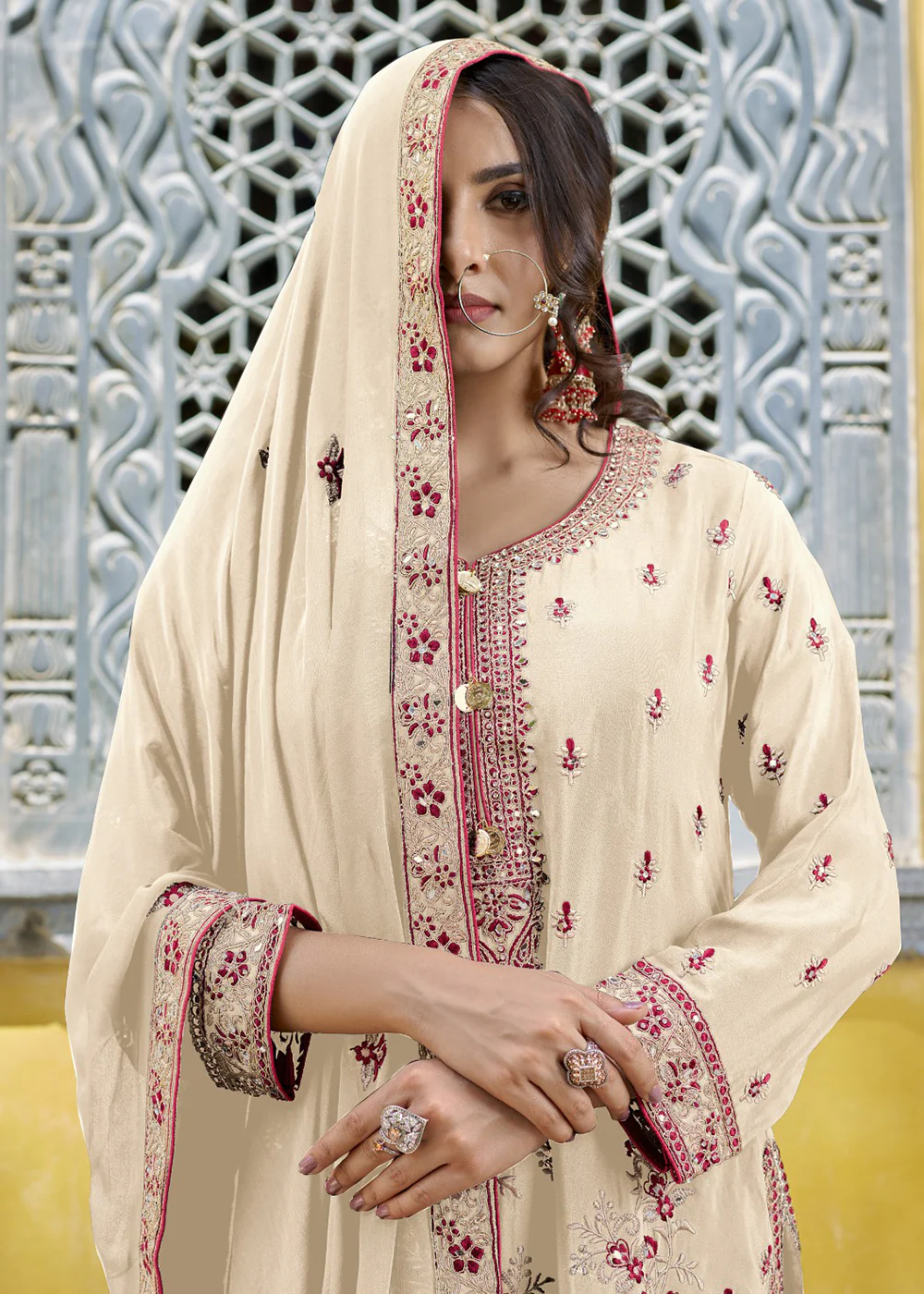 Off White Semi Pure Chinnon Wedding Festive Salwar Suit - Image 3