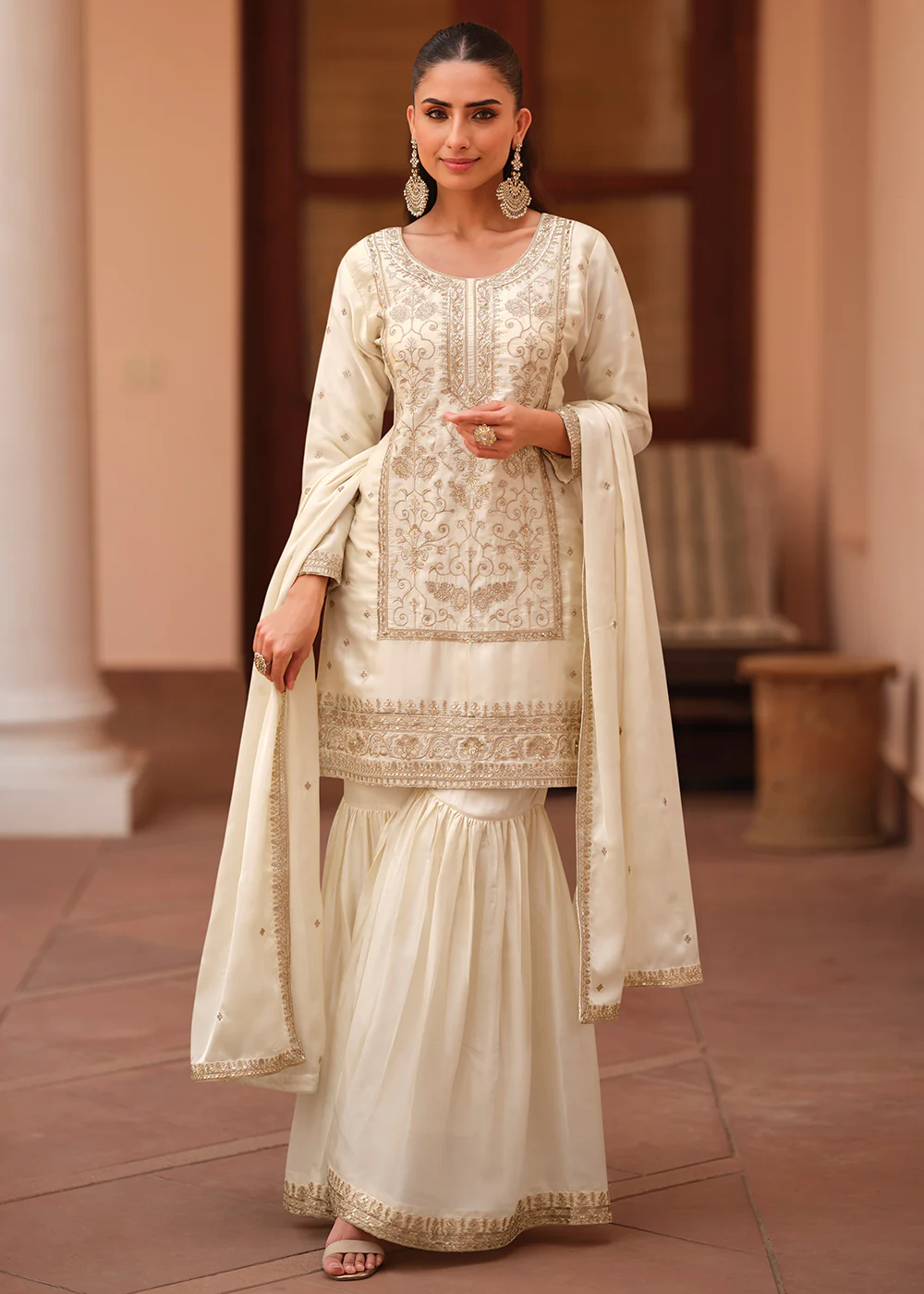 Off White Silk Satin Embroidered Gharara Style Suit