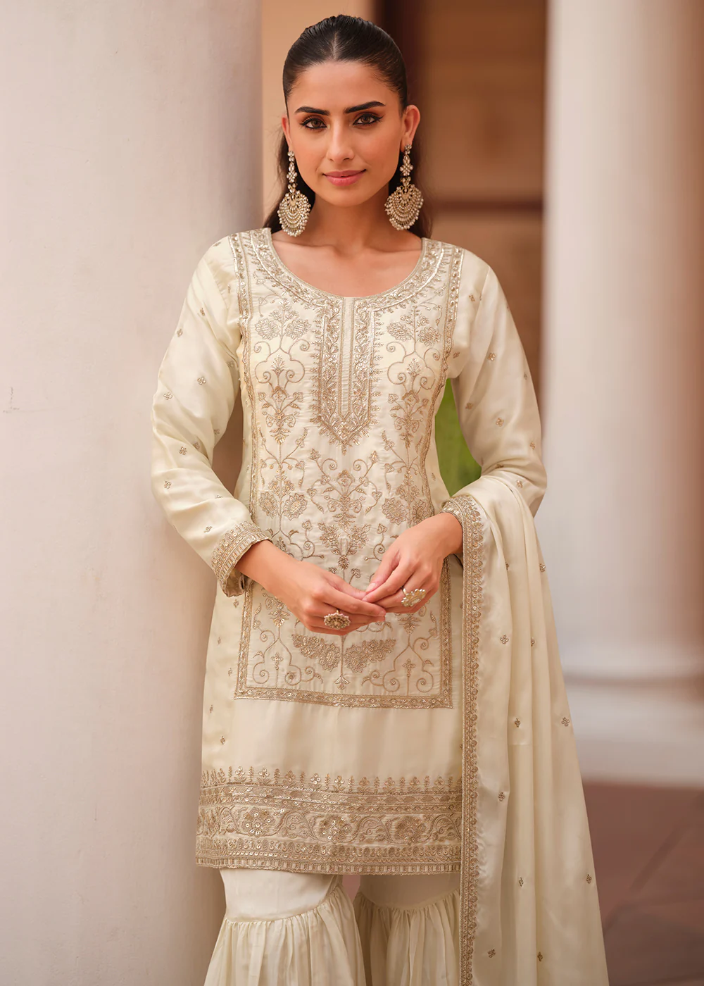 Off White Silk Satin Embroidered Gharara Style Suit - Image 2