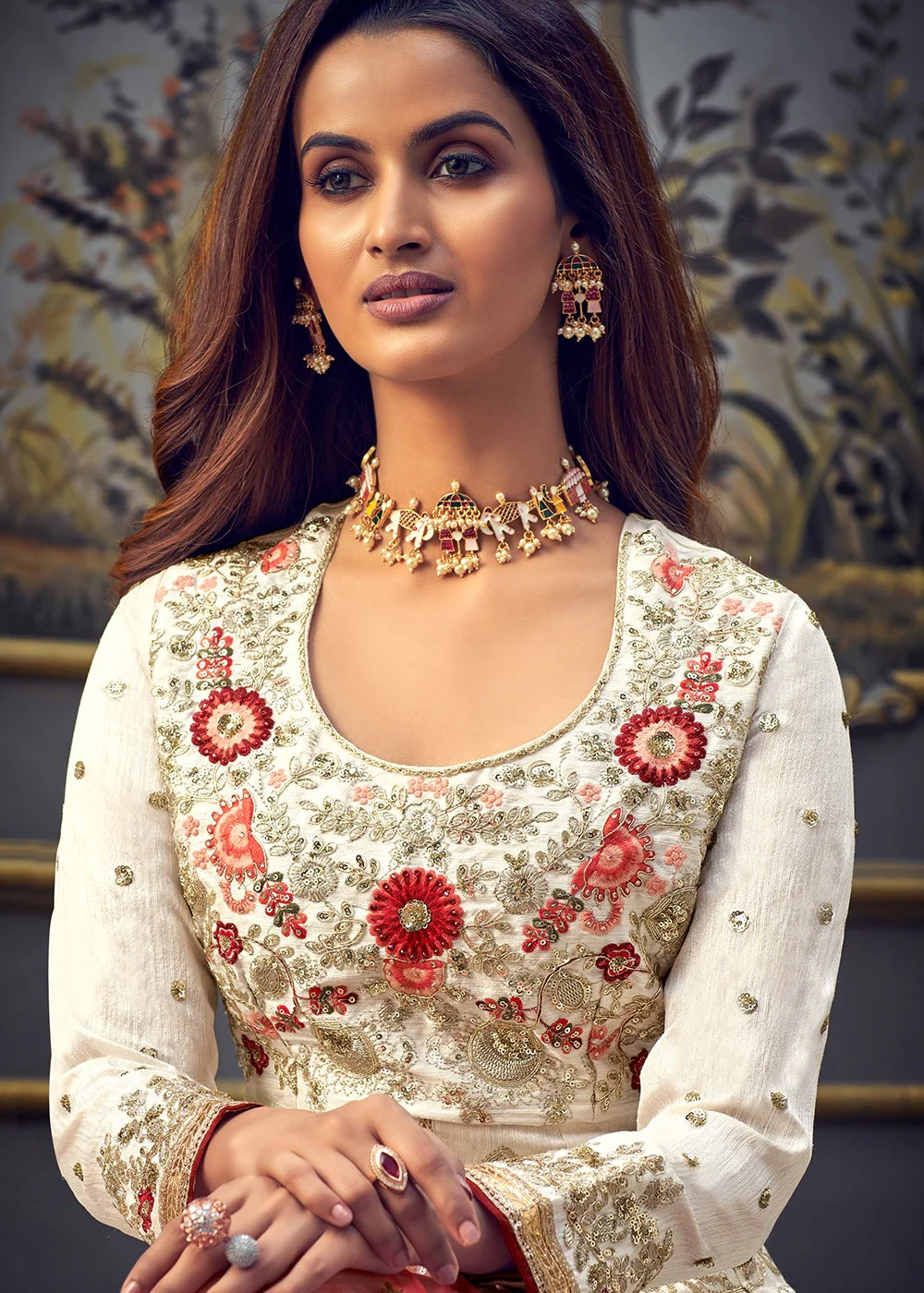 Off White Swarovski Pure Silk Designer Anarkali Suit - Image 2