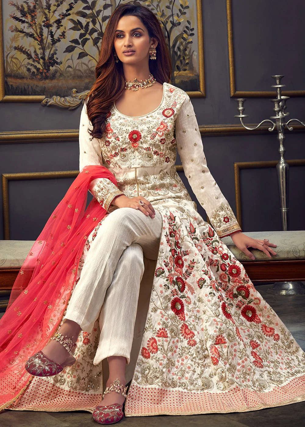 Off White Swarovski Pure Silk Designer Anarkali Suit - Image 3