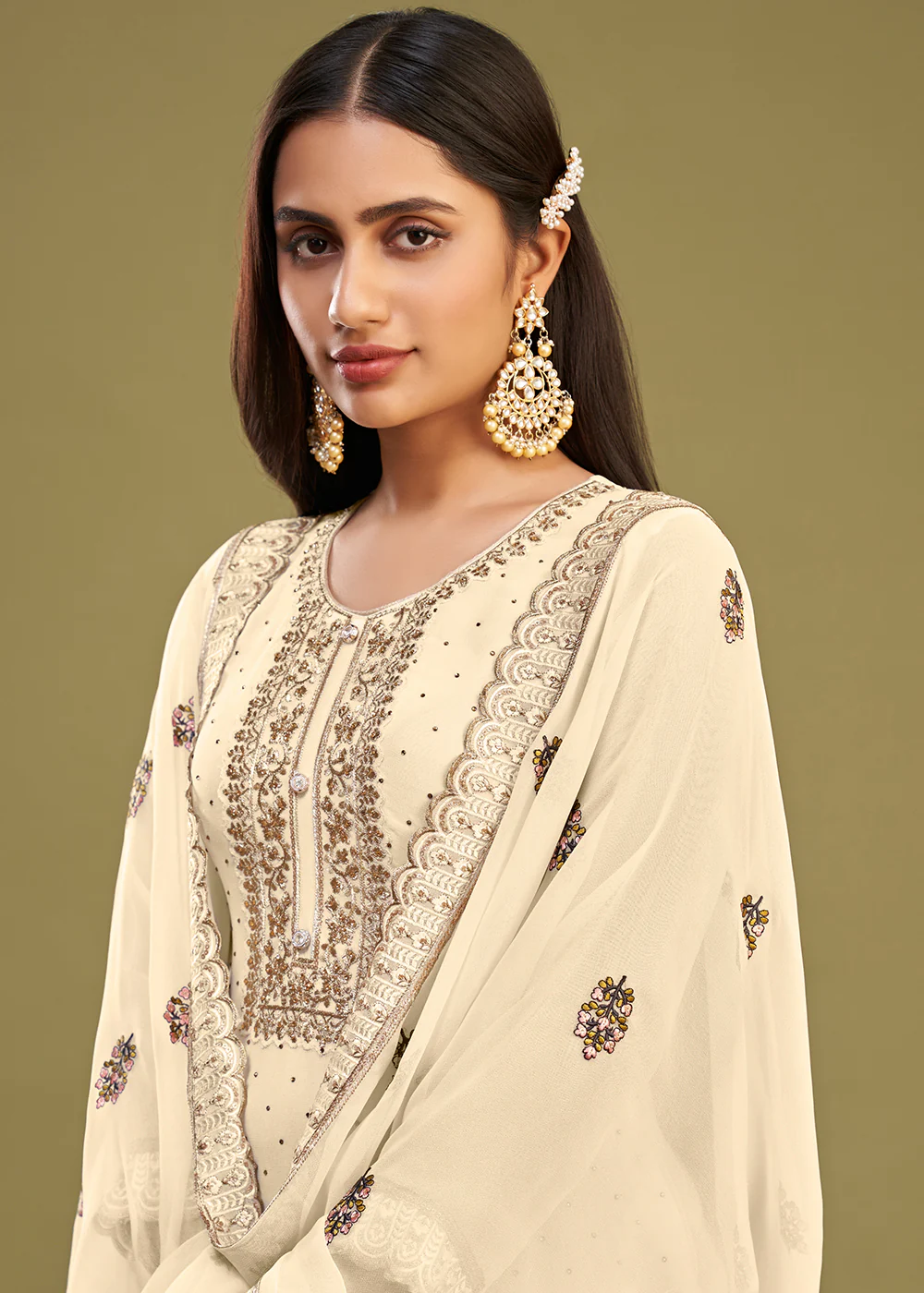 Off White Swarovski Work & Embroidered Eid Wear Salwar Suit - Image 2