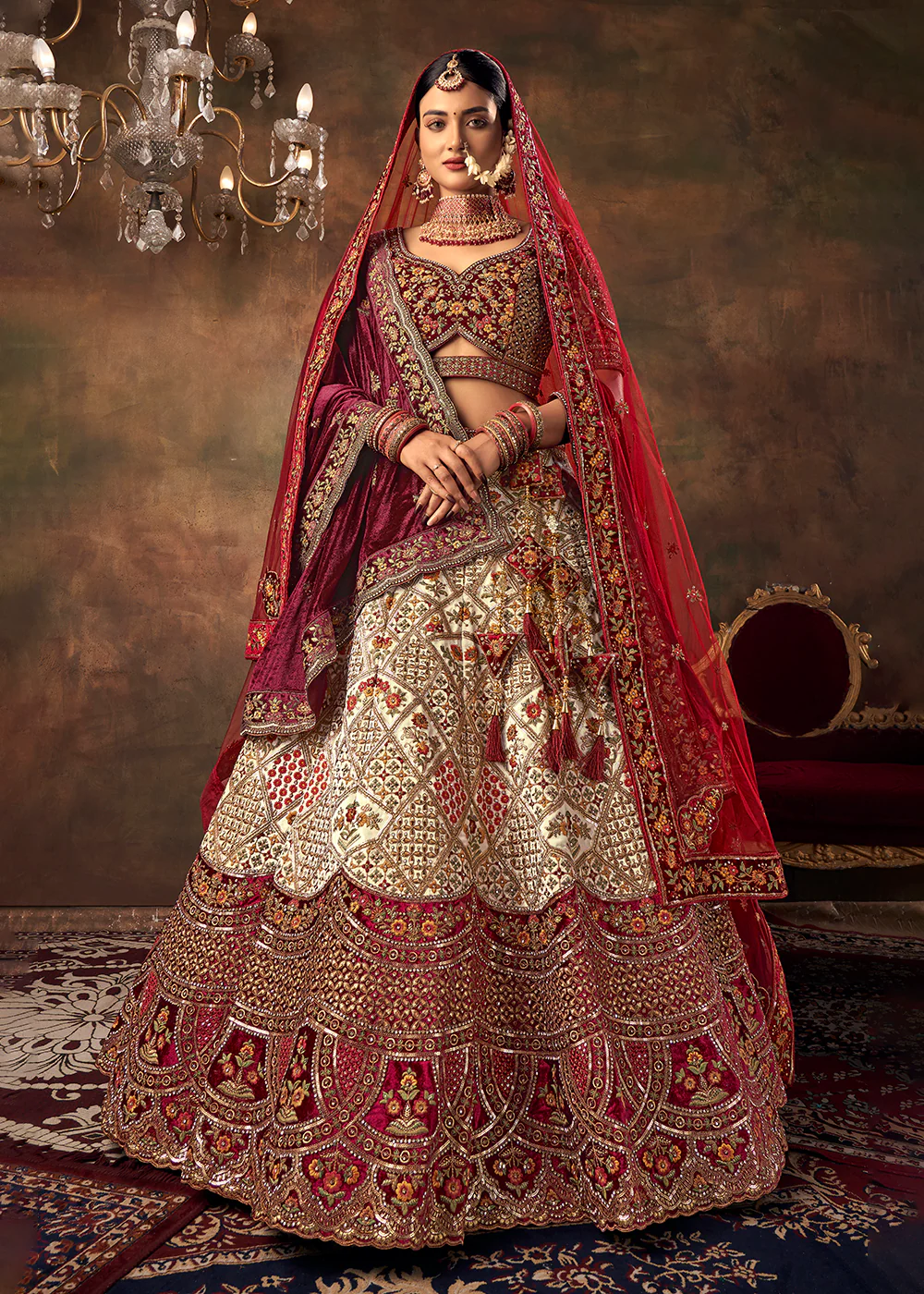 Off White Velvet Hand Embroidered Bridal Lehenga Choli