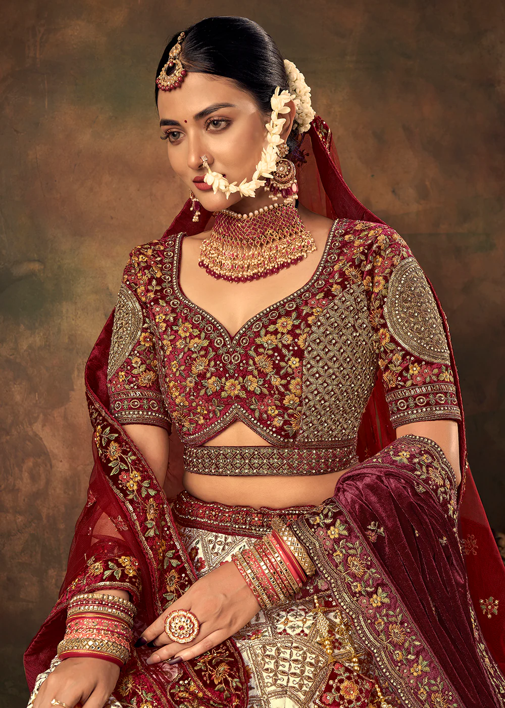 Off White Velvet Hand Embroidered Bridal Lehenga Choli - Image 3