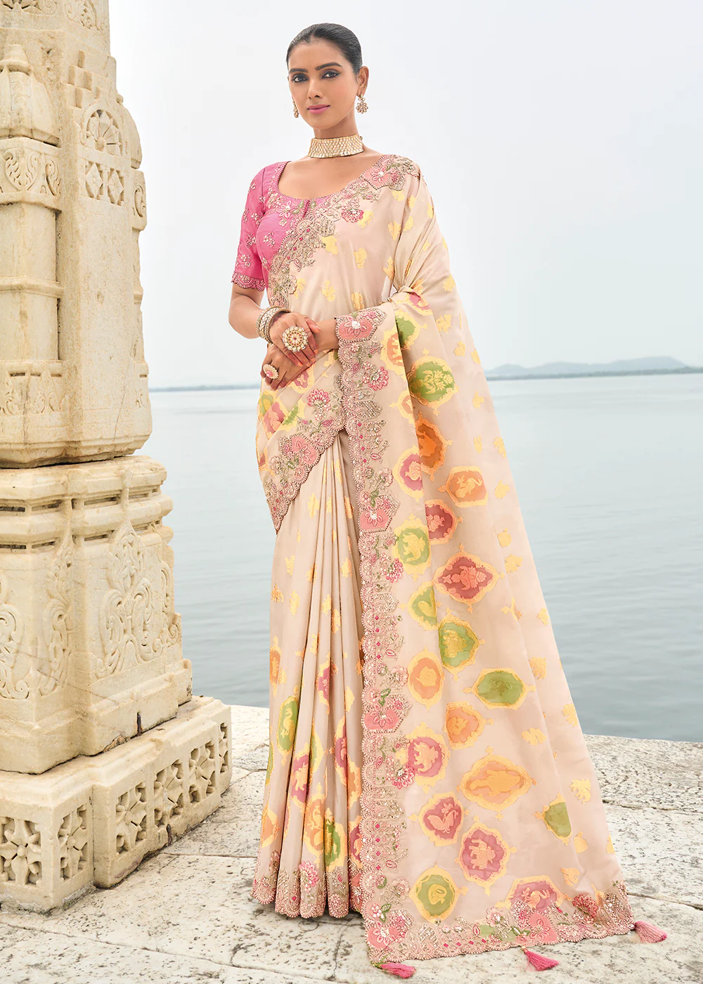 Off White Viscose Tissue Silk Designer Saree