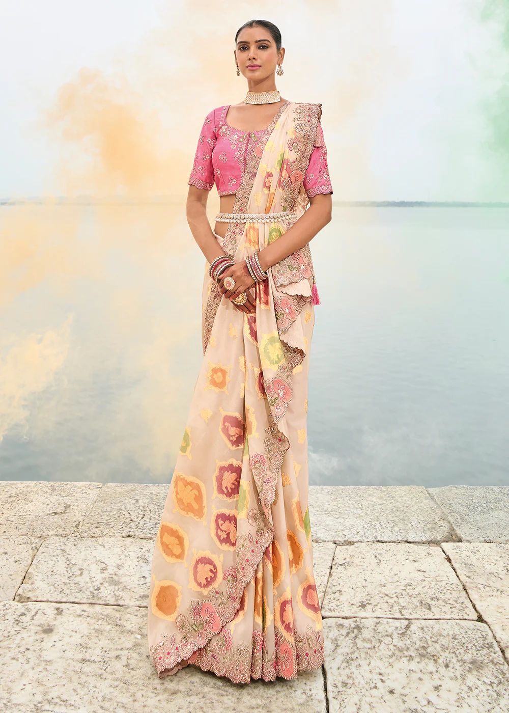 Off White Viscose Tissue Silk Designer Saree - Image 4