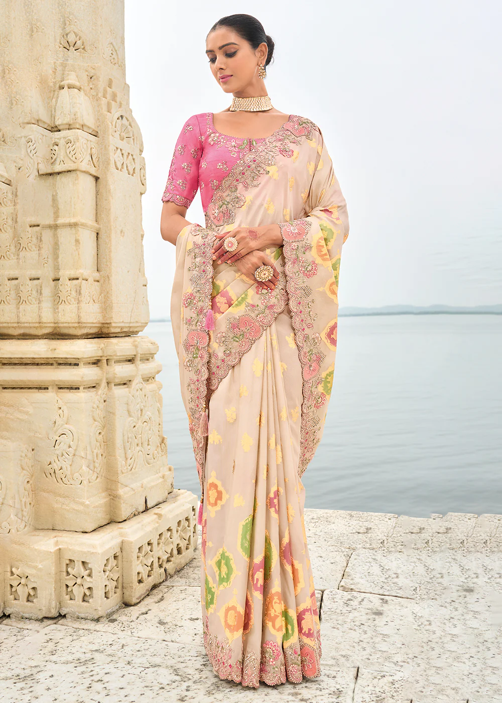 Off White Viscose Tissue Silk Designer Saree - Image 5