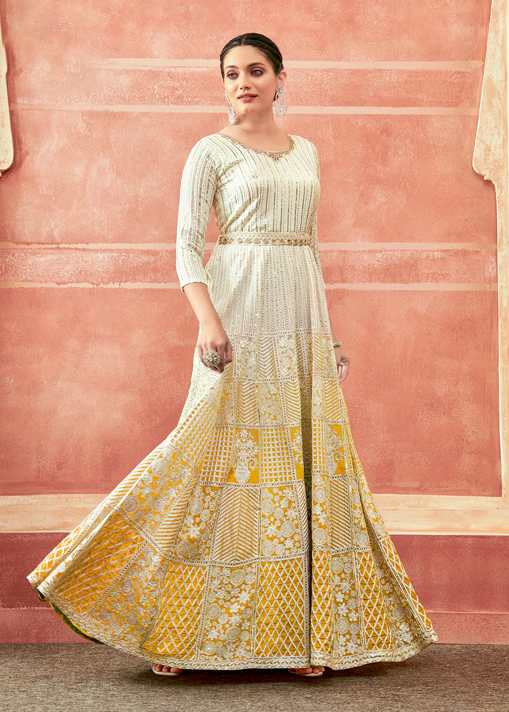 Off White & Yellow Georgette Embroidered Festive Anarkali Suit - Image 4