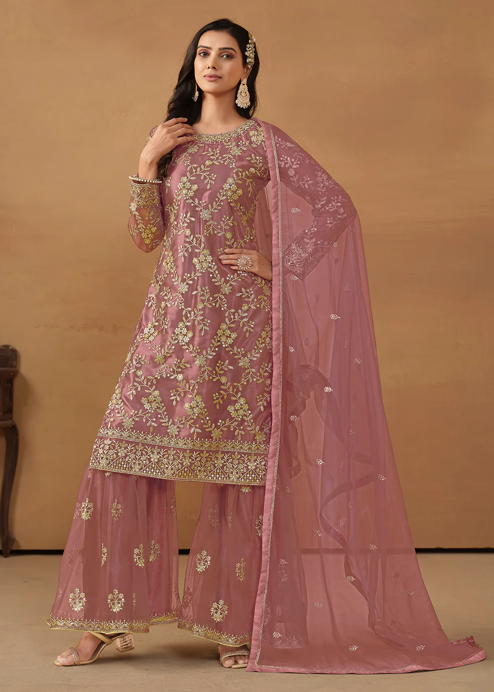 Old Rose Net Embroidered Wedding Festive Gharara Suit - Image 3