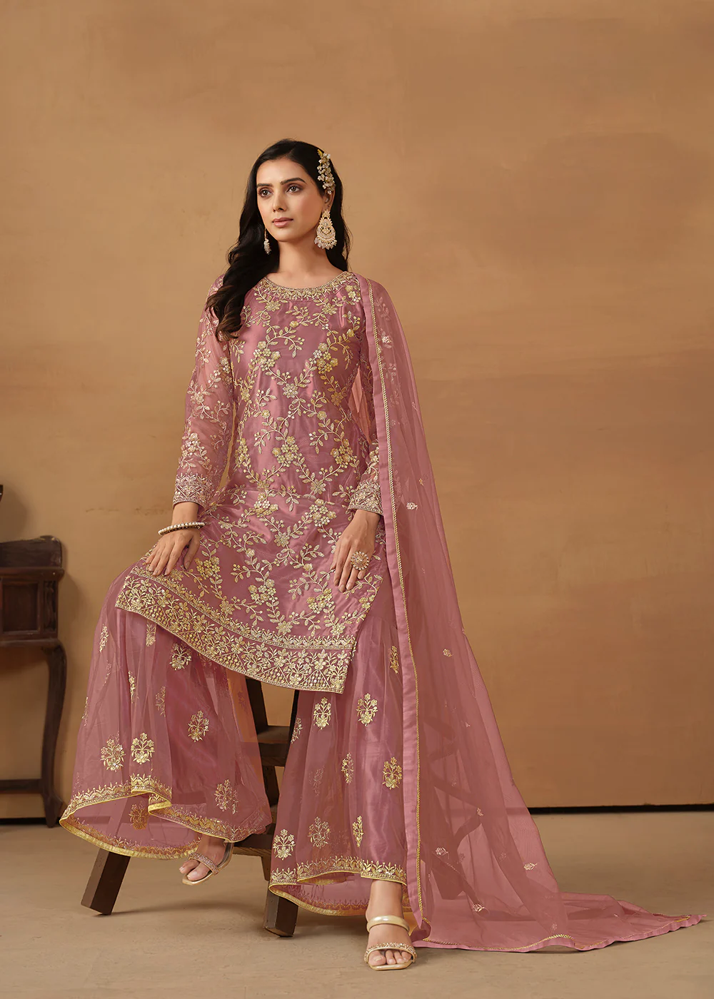 Old Rose Net Embroidered Wedding Festive Gharara Suit - Image 4
