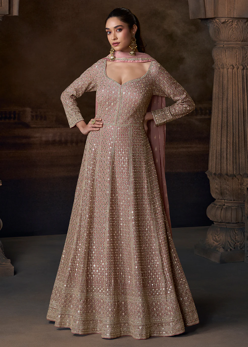 Old Rose Pink Heavy Embroidered Wedding Anarkali Gown