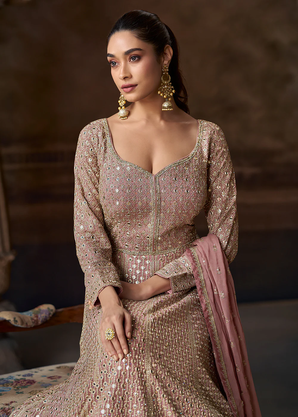Old Rose Pink Heavy Embroidered Wedding Anarkali Gown - Image 2