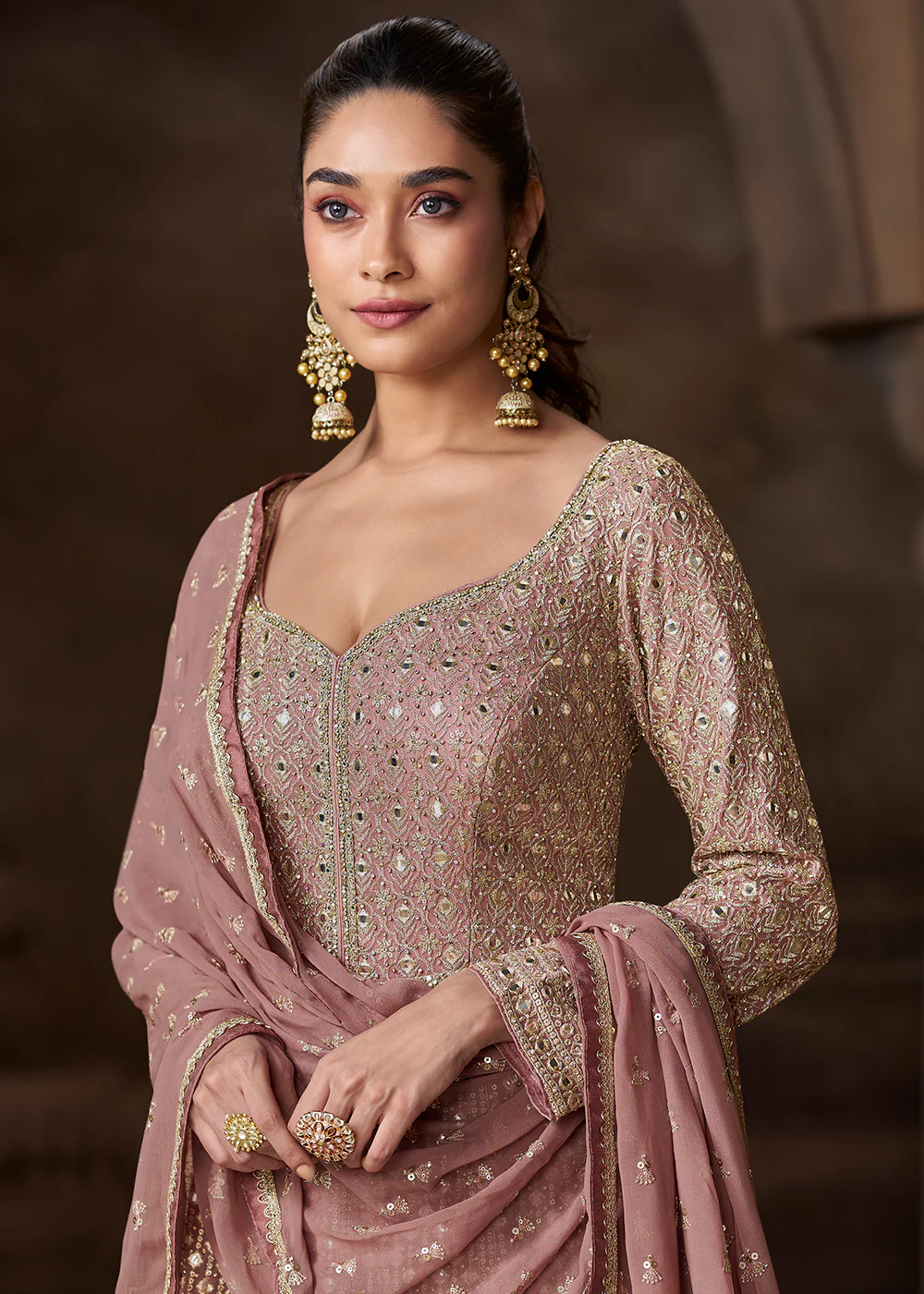 Old Rose Pink Heavy Embroidered Wedding Anarkali Gown - Image 4