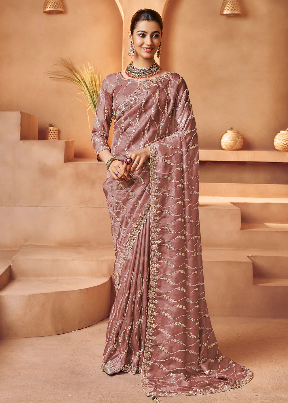 Old Rose Tissue Silk Heavy Embroidered Designer Saree