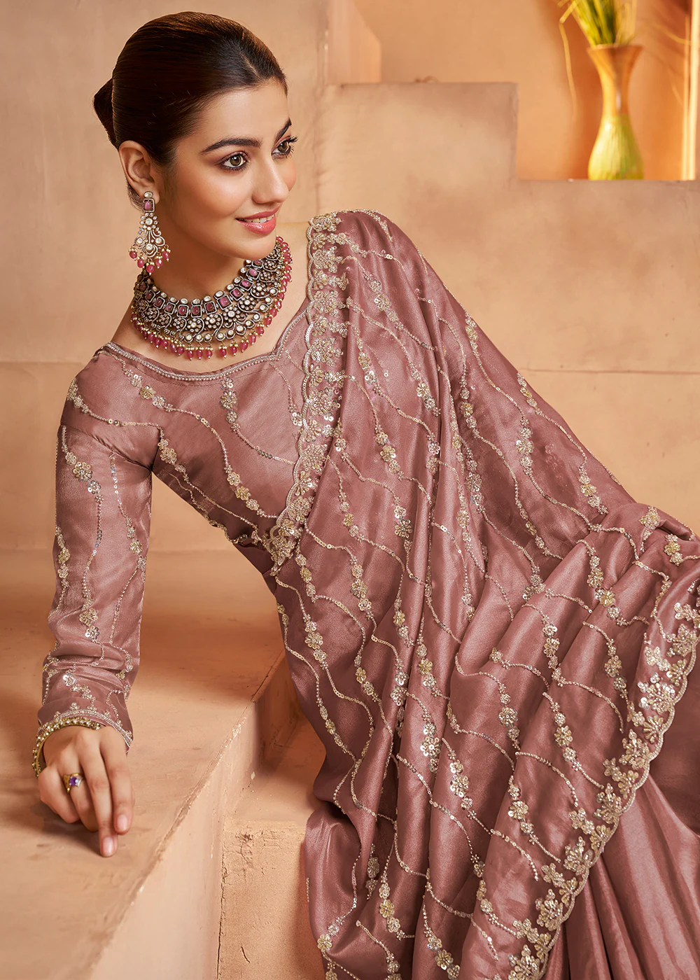 Old Rose Tissue Silk Heavy Embroidered Designer Saree - Image 2