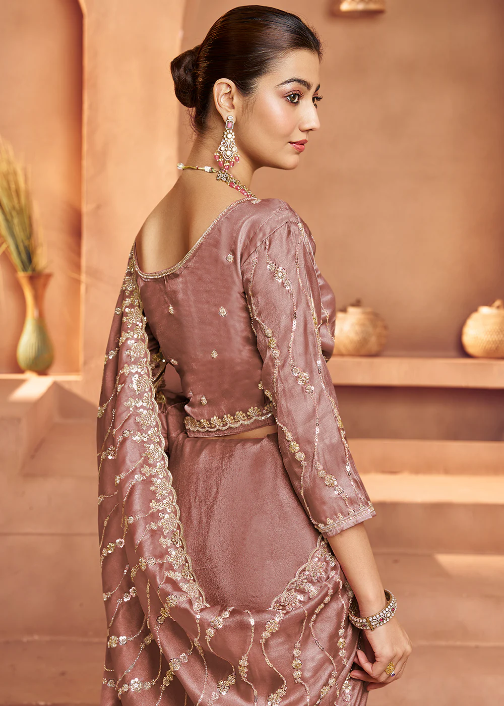 Old Rose Tissue Silk Heavy Embroidered Designer Saree - Image 3