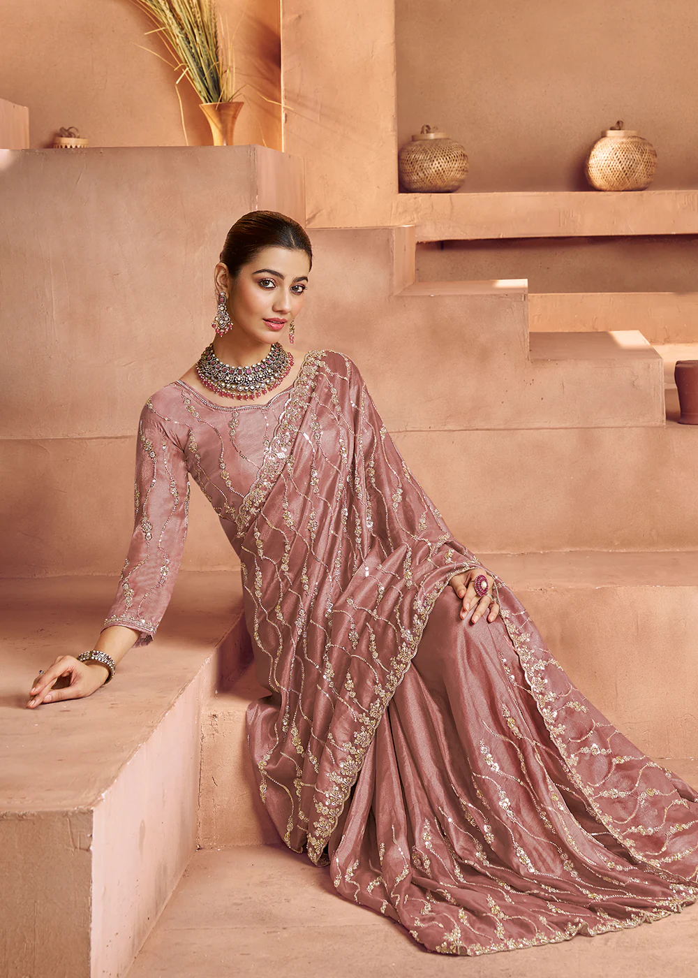 Old Rose Tissue Silk Heavy Embroidered Designer Saree - Image 4
