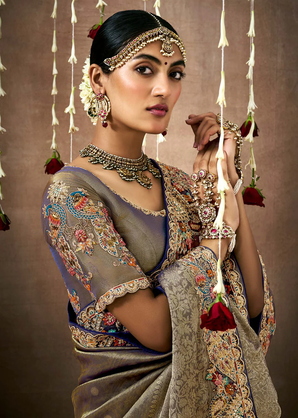 Olive Brown Embroidered Silk Wedding Wear Saree - Image 4