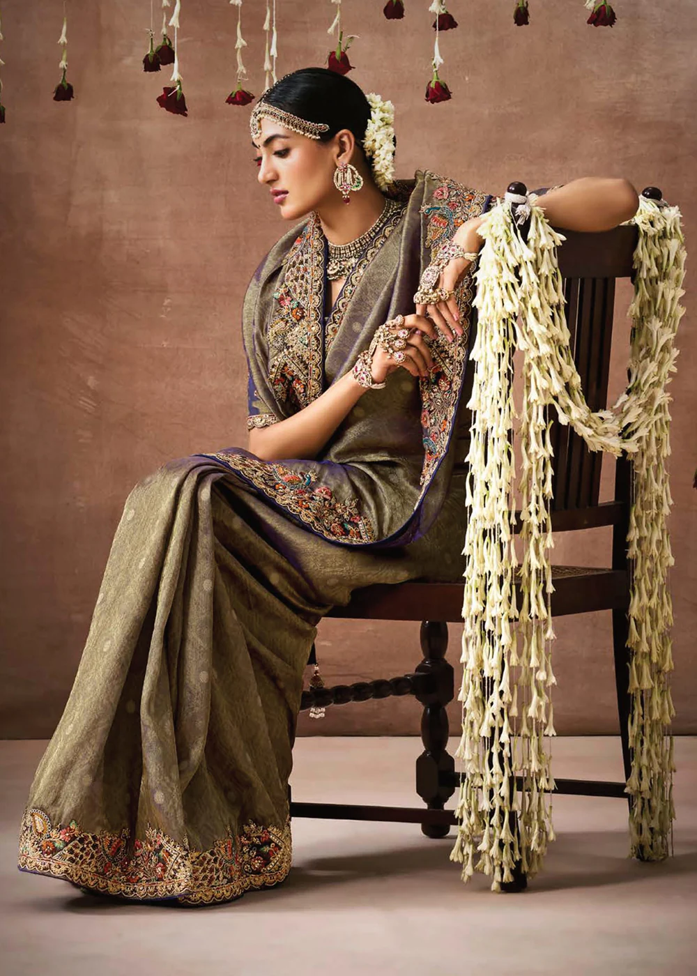 Olive Brown Embroidered Silk Wedding Wear Saree - Image 5