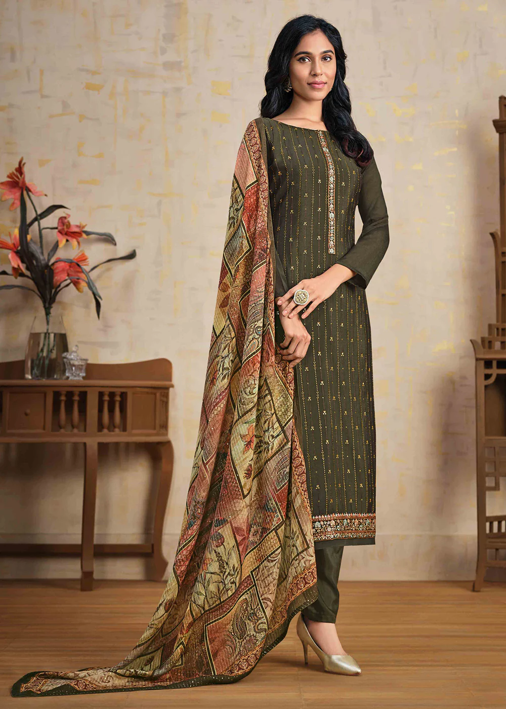 Olive Green Chinnon Pant Style Wedding Ceremony Suit - Image 3