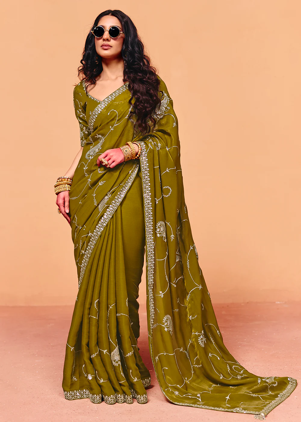 Olive Green Designer Style Embroidered Saree