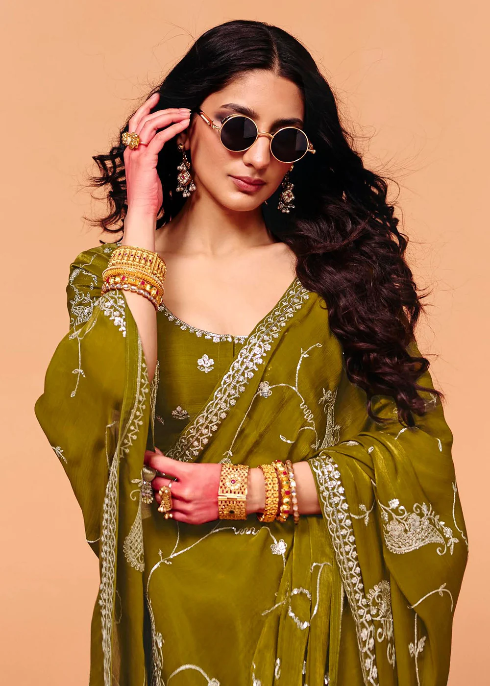 Olive Green Designer Style Embroidered Saree - Image 2