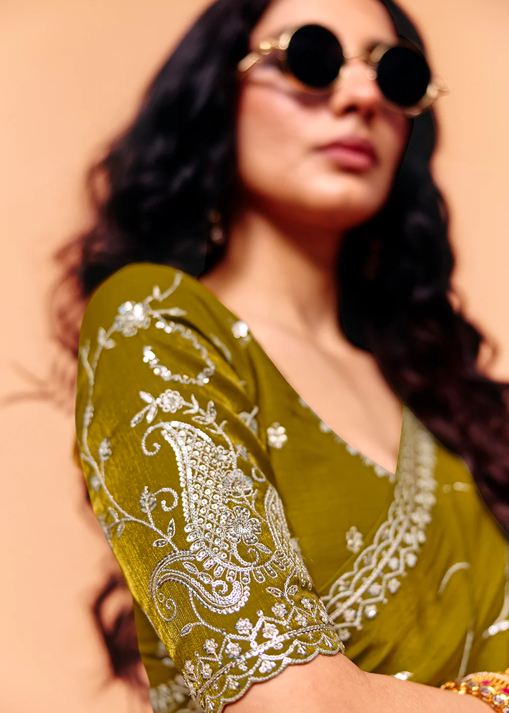 Olive Green Designer Style Embroidered Saree - Image 3