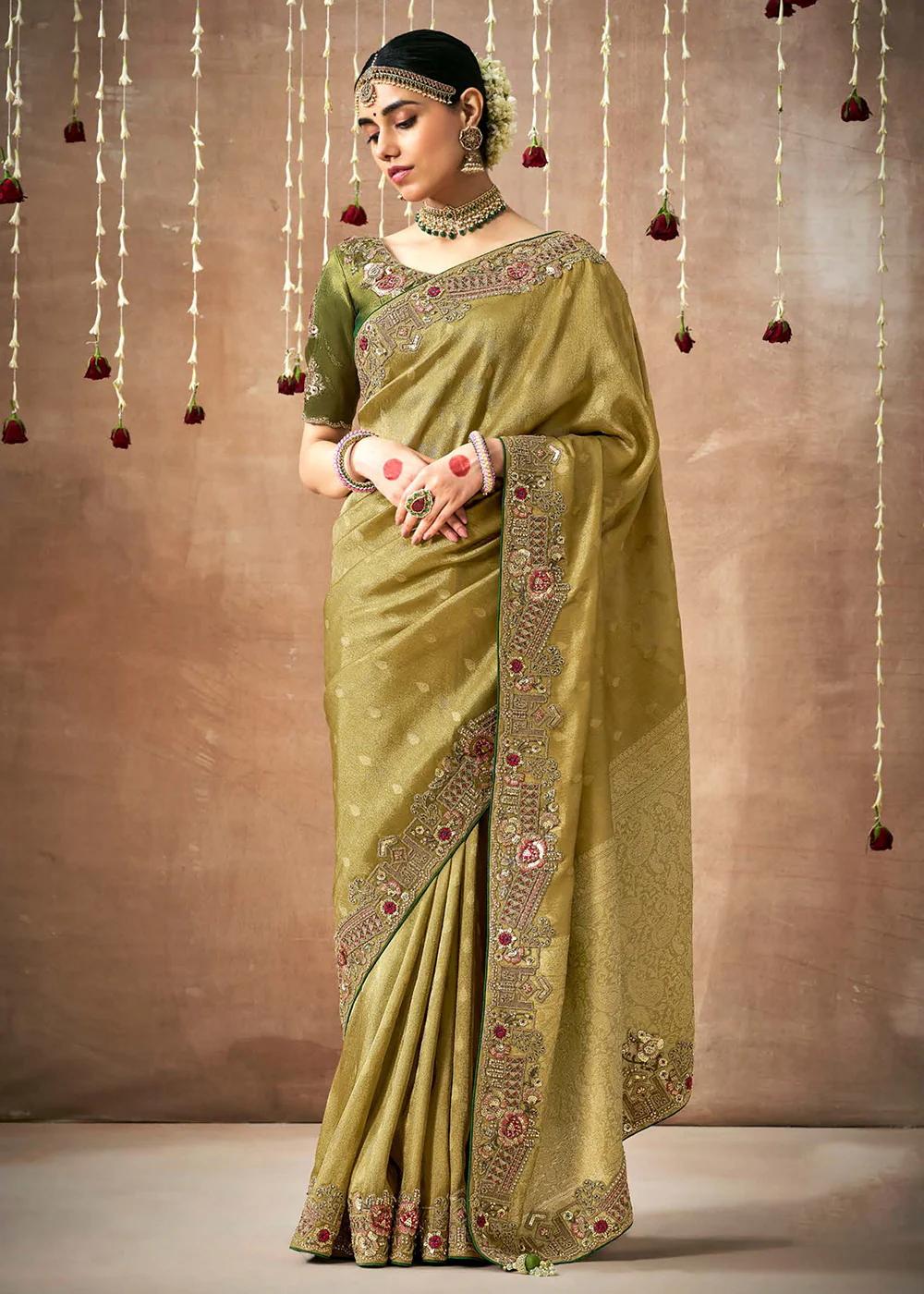 Olive Green Embroidered Silk Wedding Wear Saree