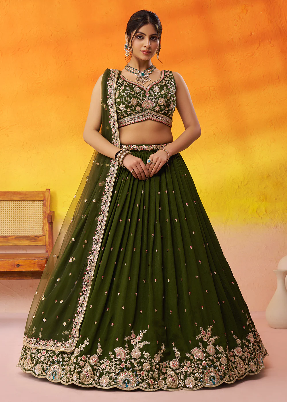 Olive Green Georgette Embroidered Wedding Lehenga Choli