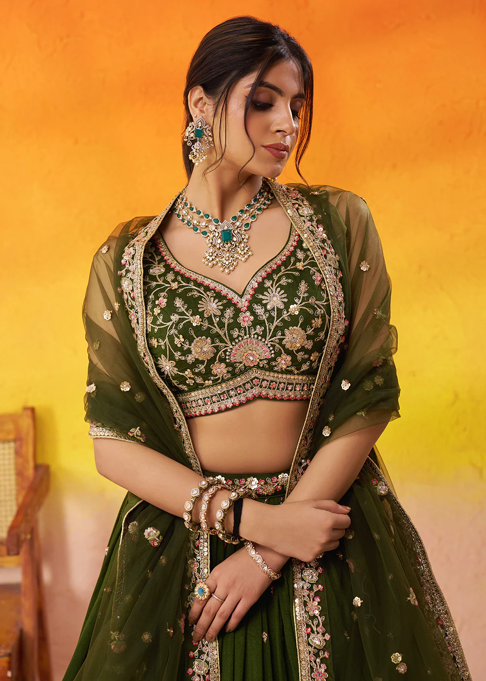 Olive Green Georgette Embroidered Wedding Lehenga Choli - Image 2