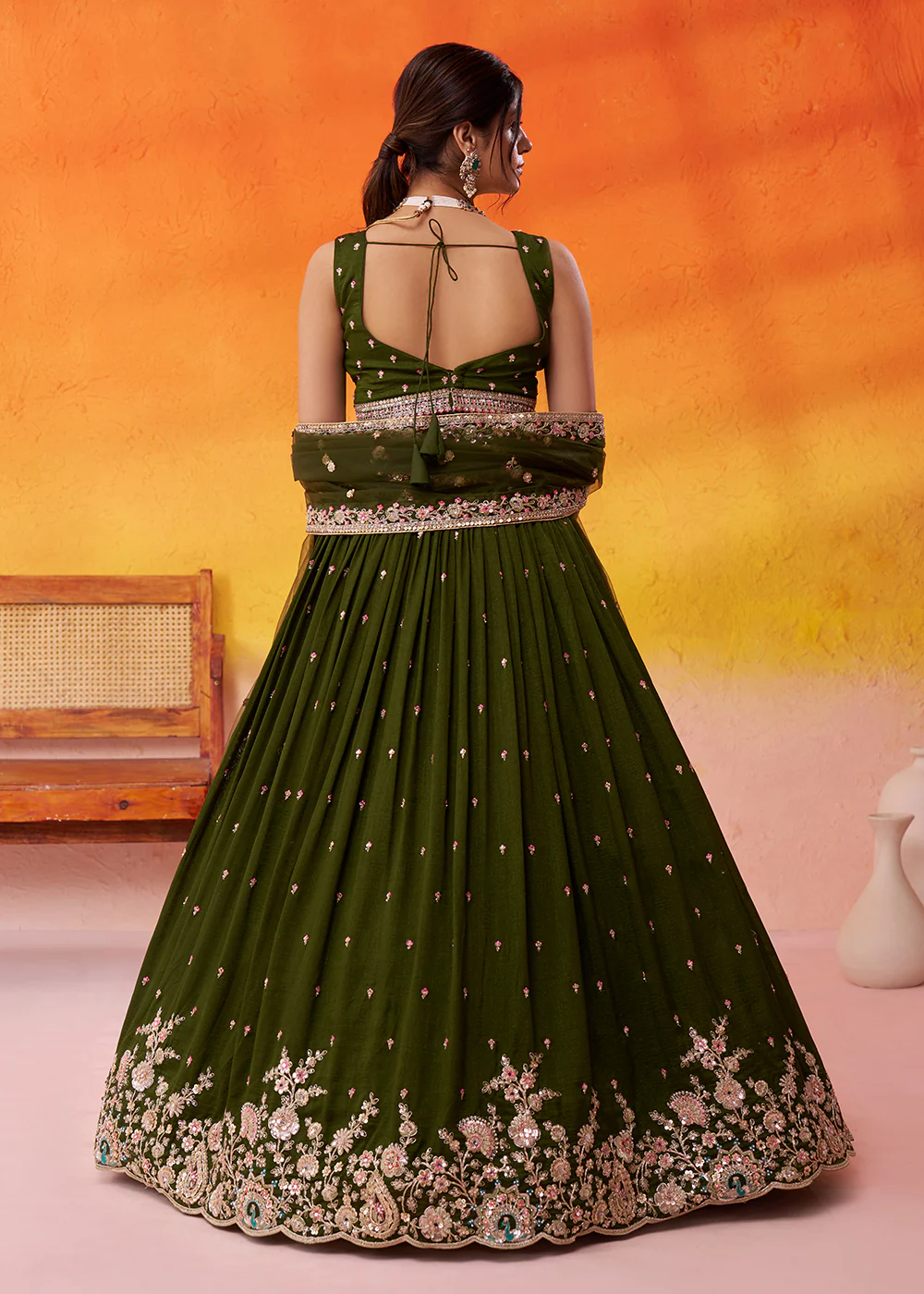 Olive Green Georgette Embroidered Wedding Lehenga Choli - Image 3