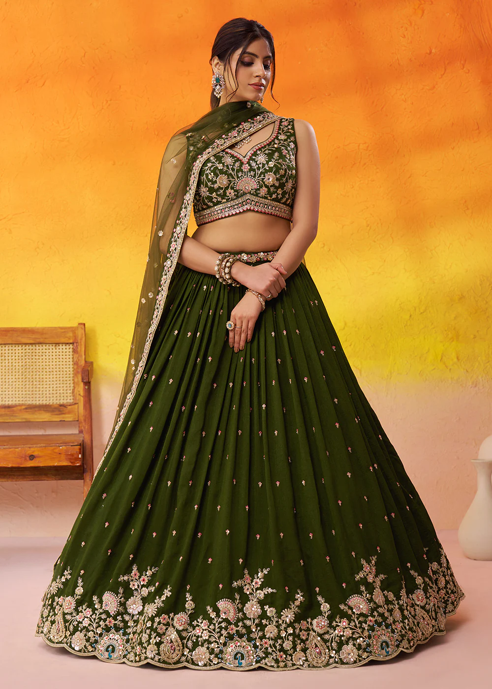 Olive Green Georgette Embroidered Wedding Lehenga Choli - Image 5
